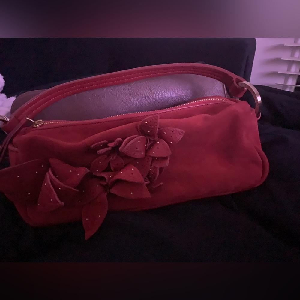 Ann Taylor Vintage Red Suede Leather Floral Studded Boston Bag SUPER EUC